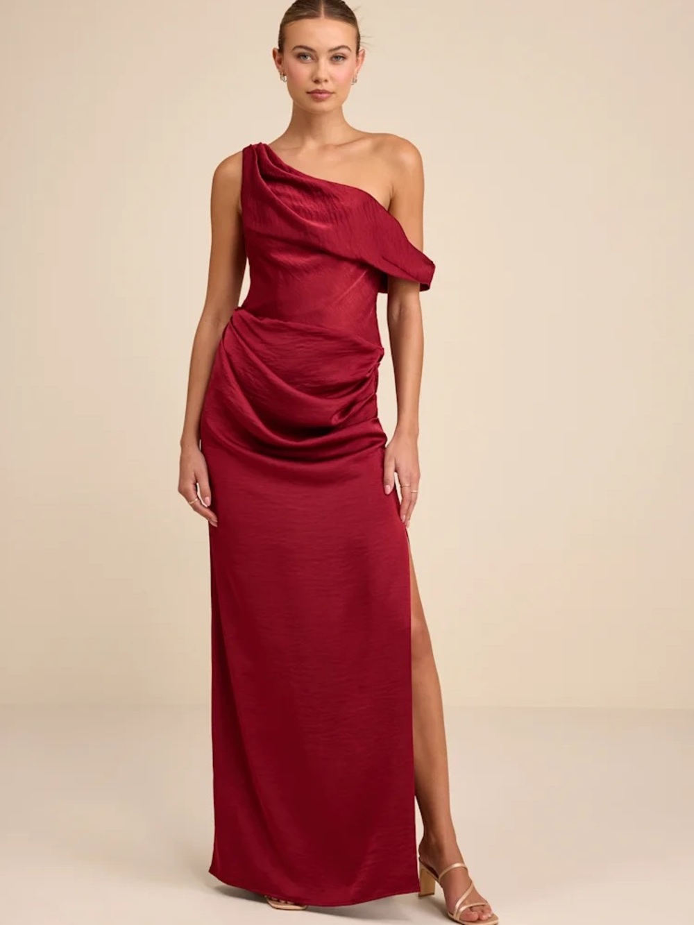NWT Aviana Dark Red Satin Asymmetrical Maxi Dress